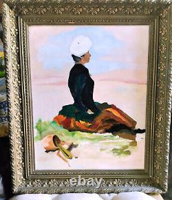 Oil on Canvas Woman on the Beach in an Antique Golden Wood Frame