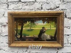 Oil on Panel, Antique, Signed Illegibly, At the Art Deco Park, No English Cosson