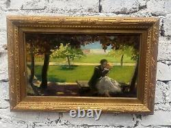 Oil on Panel, Antique, Signed Illegibly, At the Art Deco Park, No English Cosson