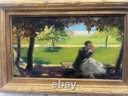Oil on Panel, Antique, Signed Illegibly, At the Art Deco Park, No English Cosson