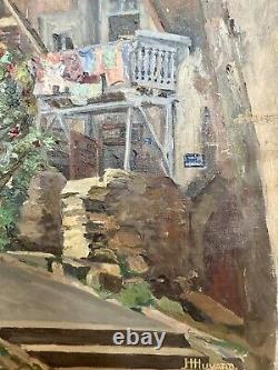 Oil on ancient canvas H. Huyard Flowered village street