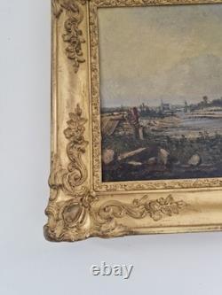 Oil on canvas 19th century seascape old painting antique gilded frame