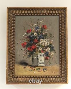 Oil on canvas still life flower bouquet Antique painting 19th century Signed HST