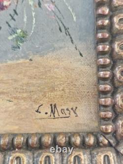 Oil on canvas still life flower bouquet Antique painting 19th century Signed HST