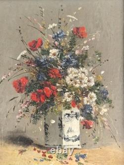 Oil on canvas still life flower bouquet Antique painting 19th century Signed HST