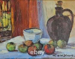 Oil on canvas still life with apples bottle signed framed antique painting
