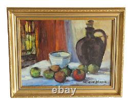 Oil on canvas still life with apples bottle signed framed old painting