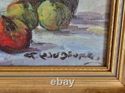 Oil on canvas still life with apples bottle signed framed old painting