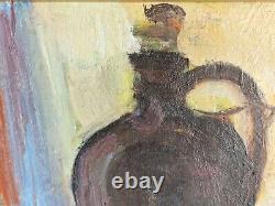 Oil on canvas still life with apples bottle signed framed old painting
