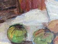 Oil on canvas still life with apples bottle signed framed old painting