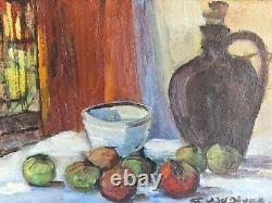 Oil on canvas still life with apples bottle signed framed old painting