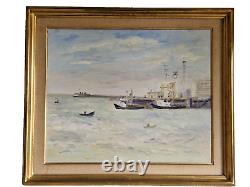 Oil on cardboard marine landscape old painting signed framed boat port