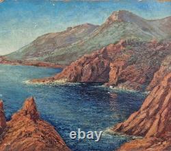Oil on cardboard marine landscape signed HSC Marine signed painting old tableau