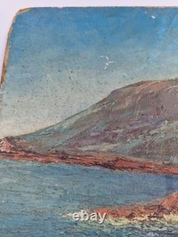 Oil on cardboard marine landscape signed HSC Marine signed painting old tableau