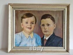 Oil on cardboard portrait of children old painting signed framed old painting