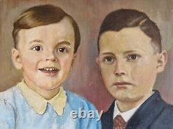 Oil on cardboard portrait of children old painting signed framed old painting