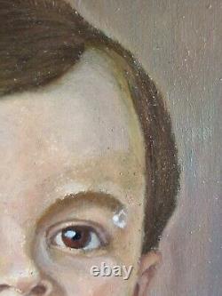 Oil on cardboard portrait of children old painting signed framed old painting