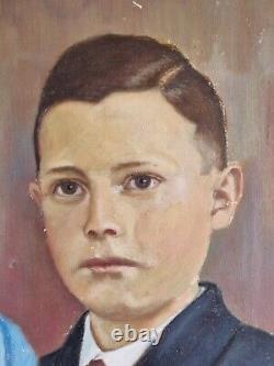 Oil on cardboard portrait of children old painting signed framed old painting