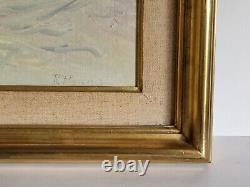 Oil on cardboard seascape painting antique marine signed framed boat port