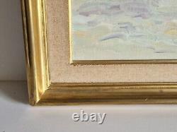 Oil on cardboard seascape painting antique marine signed framed boat port