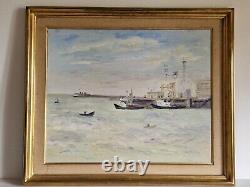 Oil on cardboard seascape painting old marine signed framed boat port