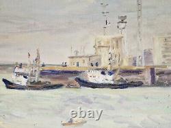 Oil on cardboard seascape painting old marine signed framed boat port