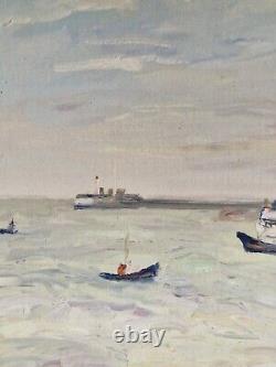 Oil on cardboard seascape painting old marine signed framed boat port