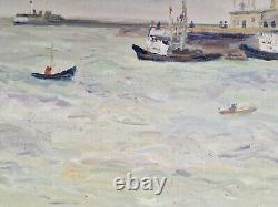 Oil on cardboard seascape painting old marine signed framed boat port