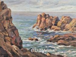 Oil on panel 1930 marine landscape island of Bréhat signed framed antique painting