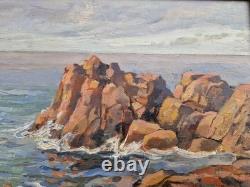 Oil on panel 1930 marine landscape island of Bréhat signed framed antique painting