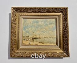 Oil on panel 3F marine landscape with moored sailboats antique marine painting