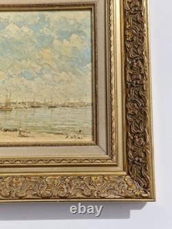 Oil on panel 3F marine landscape with moored sailboats antique marine painting