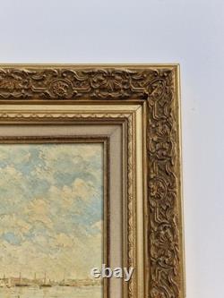 Oil on panel 3F marine landscape with moored sailboats antique marine painting