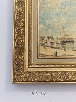 Oil on panel 3F marine landscape with moored sailboats antique marine painting