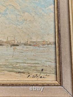 Oil on panel 3F marine landscape with moored sailboats antique marine painting