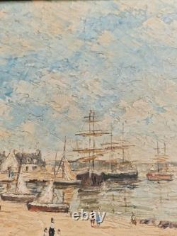 Oil on panel 3F marine landscape with moored sailboats antique marine painting
