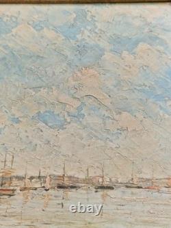 Oil on panel 3F marine landscape with moored sailboats antique marine painting