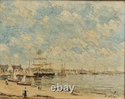 Oil on panel 3F marine landscape with moored sailboats antique marine painting