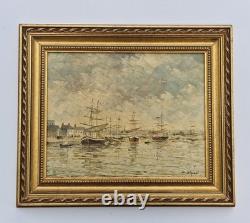 Oil on panel 3F marine landscape with sailboats in the water, antique marine painting signed