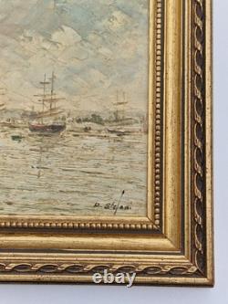 Oil on panel 3F marine landscape with sailboats in the water, antique marine painting signed