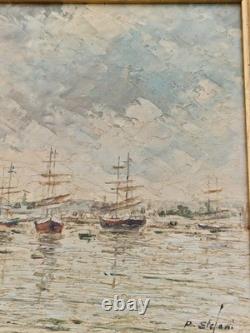 Oil on panel 3F marine landscape with sailboats in the water, antique marine painting signed