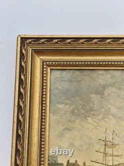 Oil on panel 3F marine landscape with sailboats in the water, antique marine painting signed