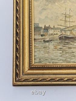 Oil on panel 3F marine landscape with sailboats in the water, antique marine painting signed
