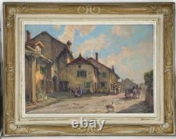 Oil on panel, Primitive BONO, signed, Evening in Bernex, Switzerland, old painting