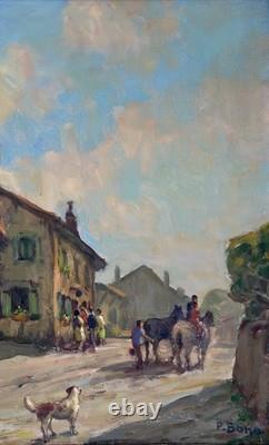 Oil on panel, Primitive BONO, signed, Evening in Bernex, Switzerland, old painting