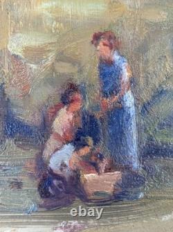 Oil on panel, Primitive BONO, signed, Evening in Bernex, Switzerland, old painting