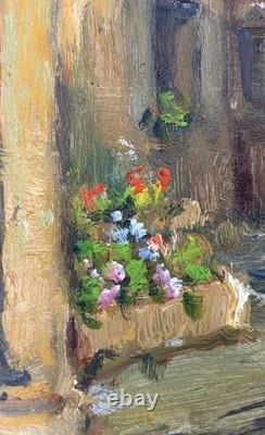 Oil on panel, Primitive BONO, signed, Evening in Bernex, Switzerland, old painting
