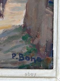 Oil on panel, Primitive BONO, signed, Evening in Bernex, Switzerland, old painting