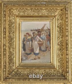 Oil on panel after Feyen-Perrin, Return from Fishing, antique gilded frame