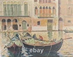 Oil on panel seascape Venice Watermelon boats antique painting signed